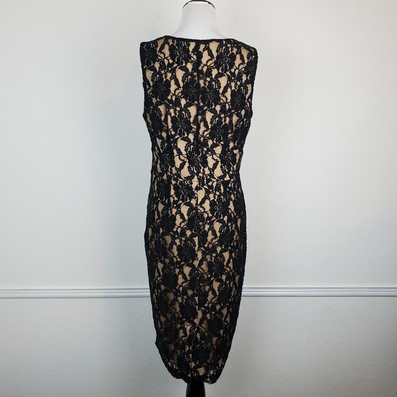Newport News Dress Floral Lace Mesh Midi Cocktail Formal Romantic Black Cream - Picture 7 of 13